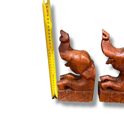 Hand-Carved Wooden Elephant Bookends — Pair