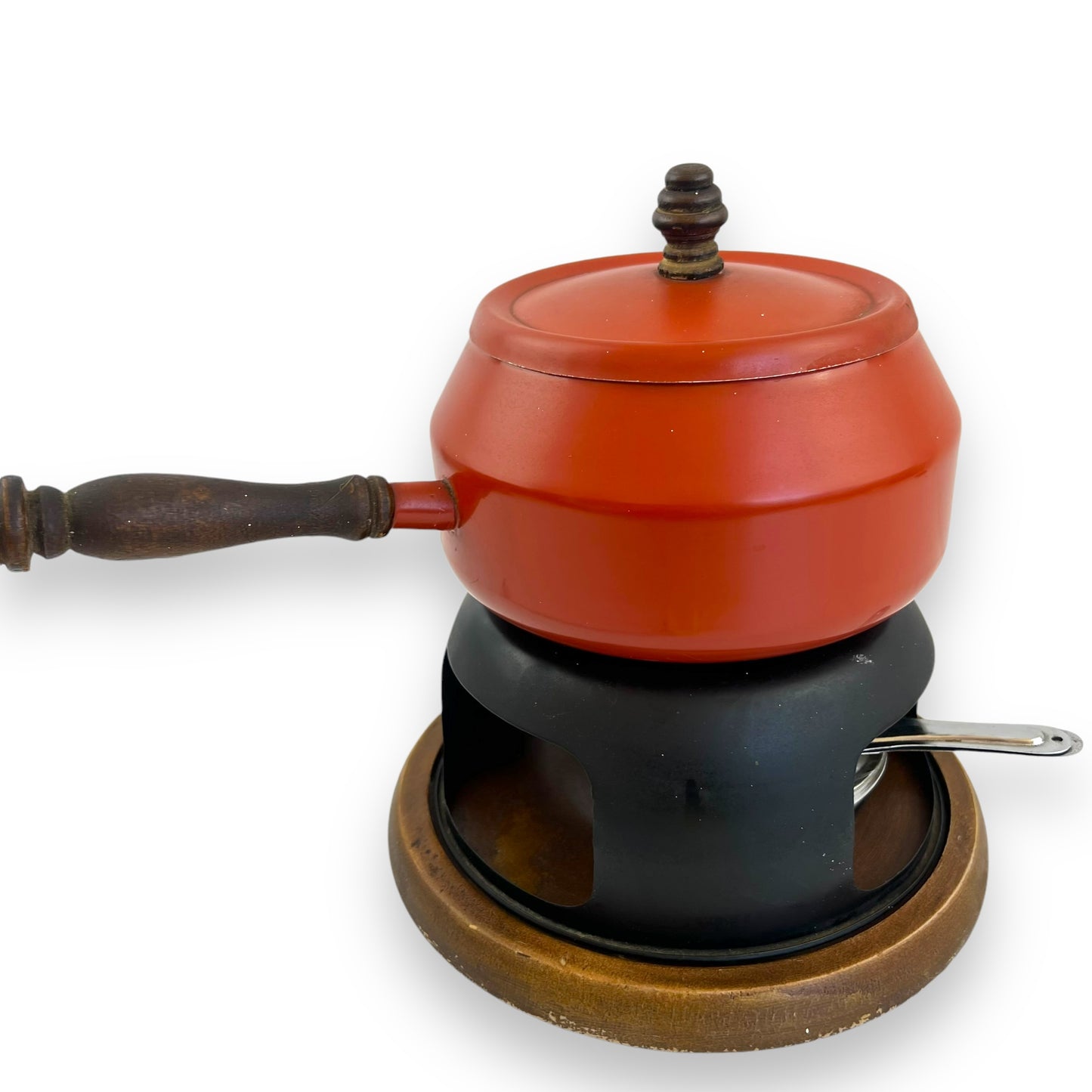 Orange Fondue Set with Wooden Handle and Base