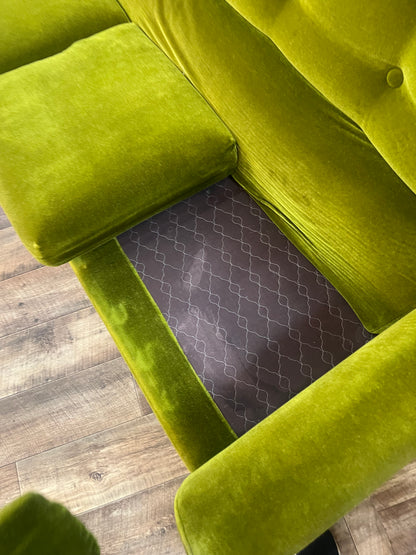 1970s Avocado Green Velvet Three Seater Lounge Sofa