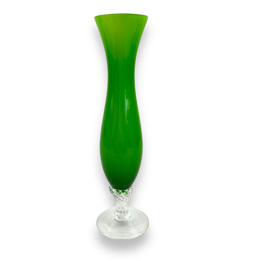 Green glass vase clear twist stem base