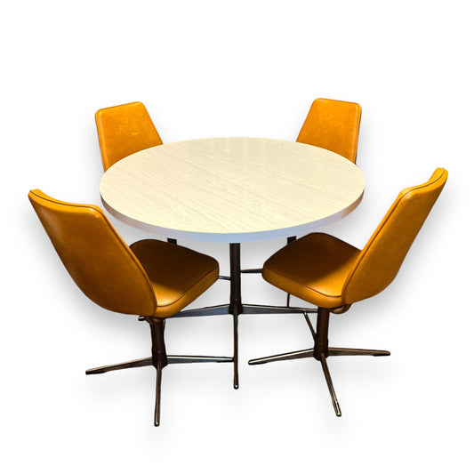 Mustard Swivel Dining Chairs and Round white top Table – 5-Piece Retro Set