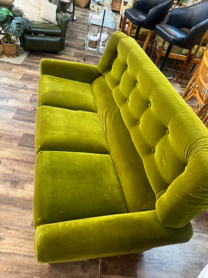 1970s Avocado Green Velvet Three Seater Lounge Sofa