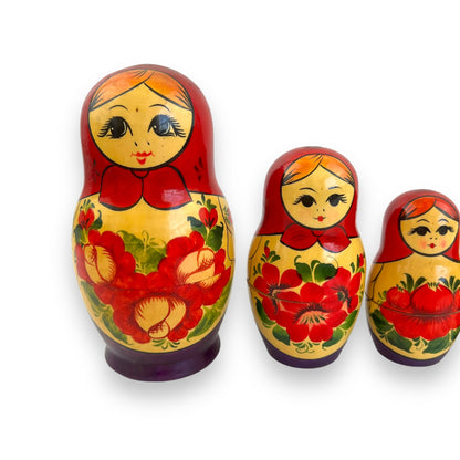 Russian Matryoshka Nesting Dolls Set of 7 - Red and Gold Floral Hand-Painted Design