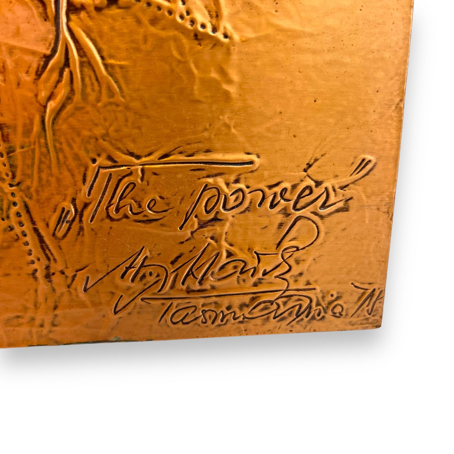 Copper brutalist pressed metal artwork“ the power” 1971