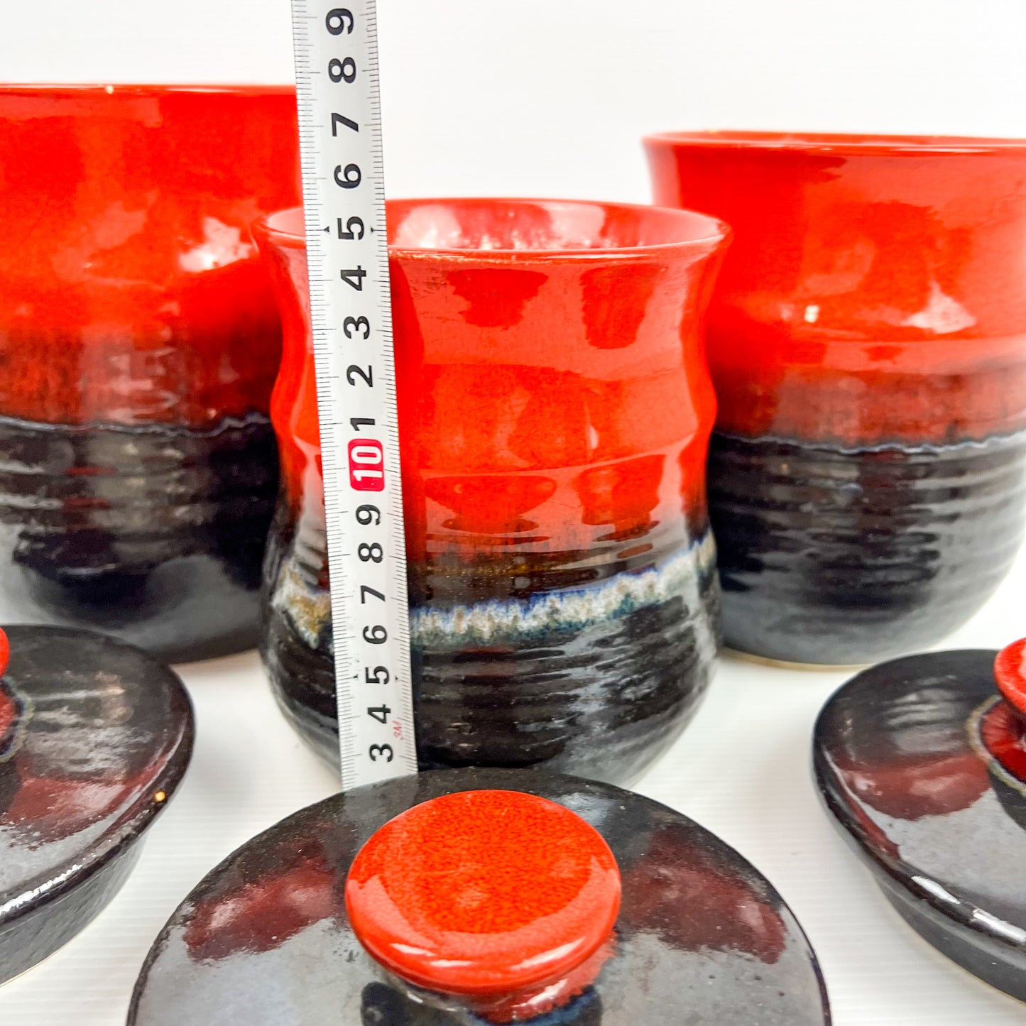 Mid Century Redish Orange & Black Glazed Kitchen Storage Jar Canisters with matching lids