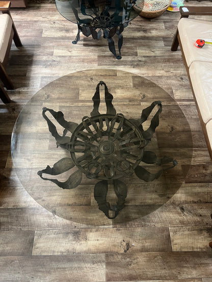 Large Brutalist Sculptural Metal & Smoked Glass Coffee Table  1.22m diameter