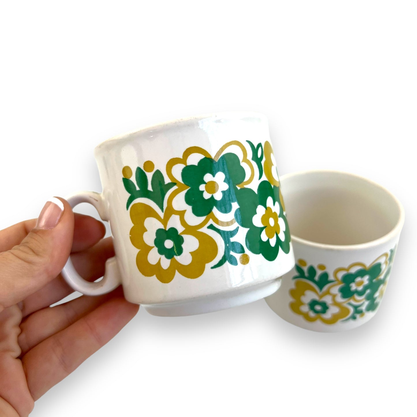 Staffordshire Potteries Mustard and Green Flower Teacup set of 2