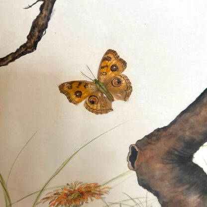 Large Framed Butterfly & Tree Artwork with Real Butterfly Wings — Signed M. Ginsberg, 1982