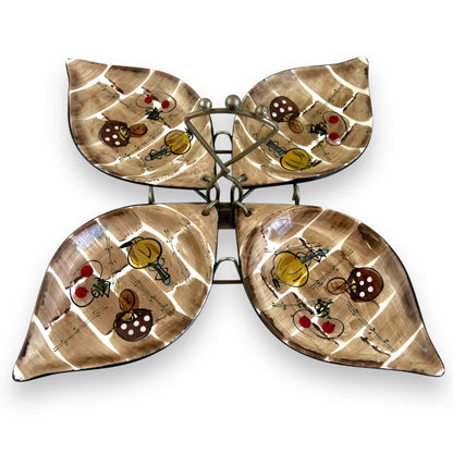 Leaf shape Serving dish Set – Hand-Painted mushroom pattern & Metal carry Stand