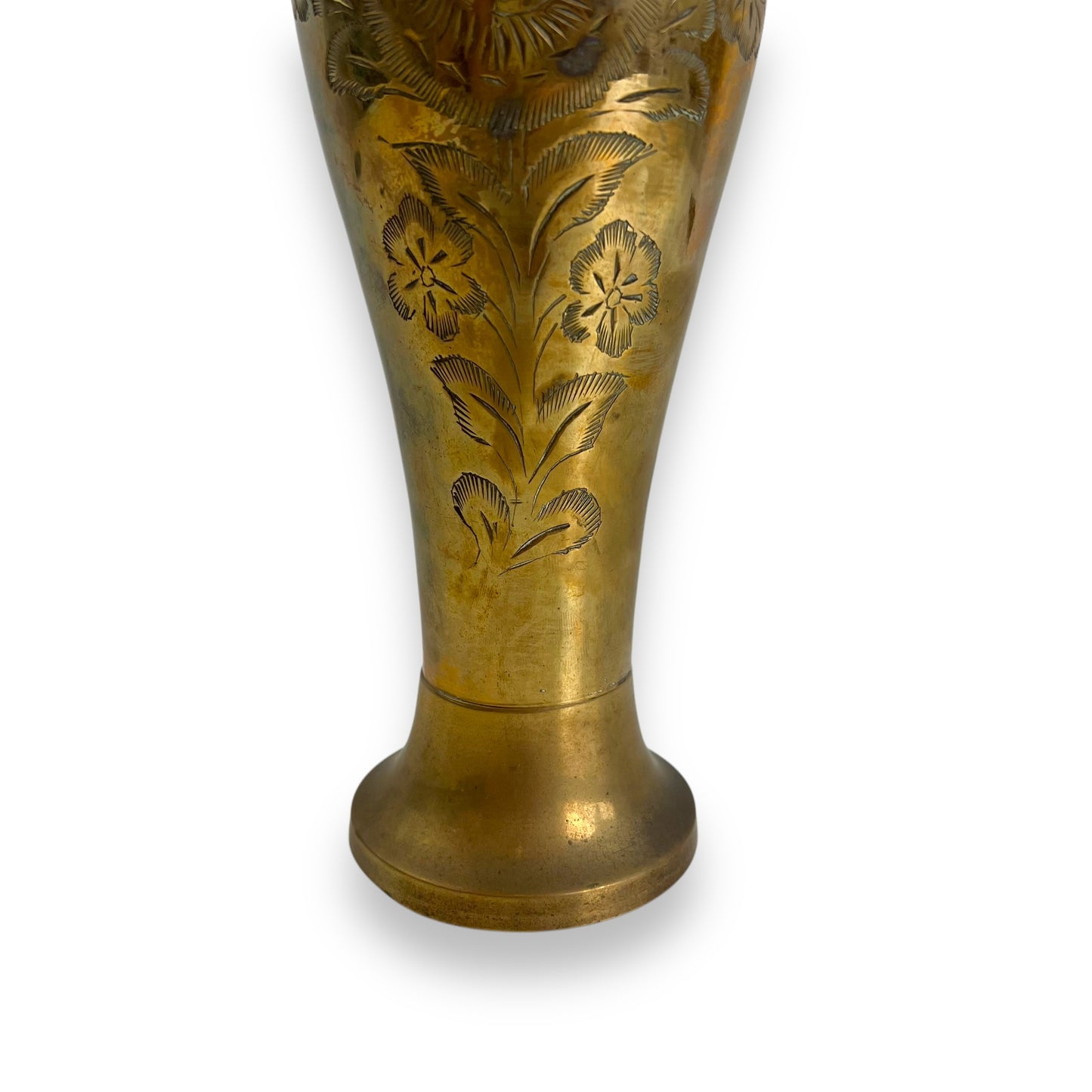 Tall brass vase with etched flower design