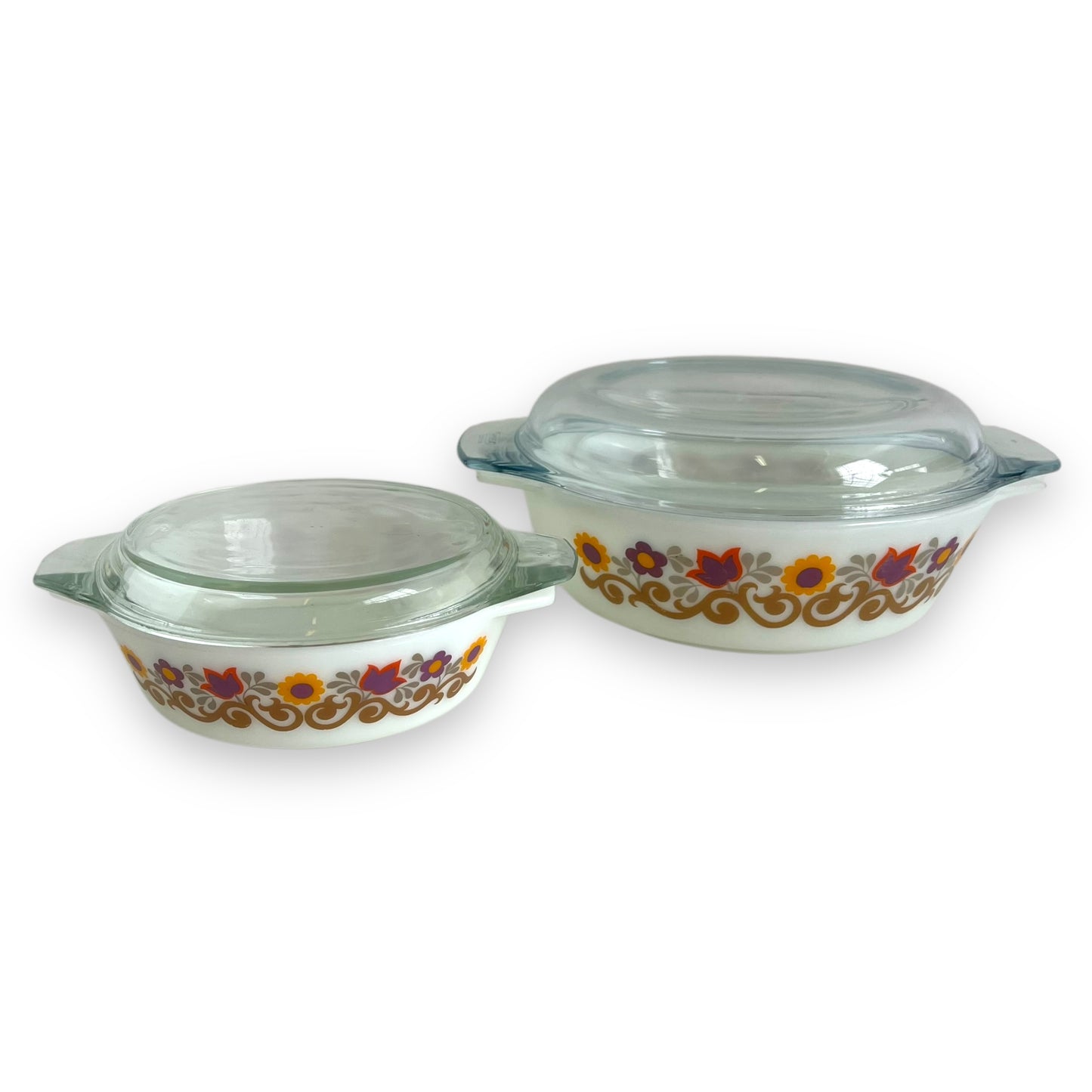 JAJ Pyrex England Briarwood Colourful Flower Dish Set small & large with lids (one lid not original it’s Pyrex)