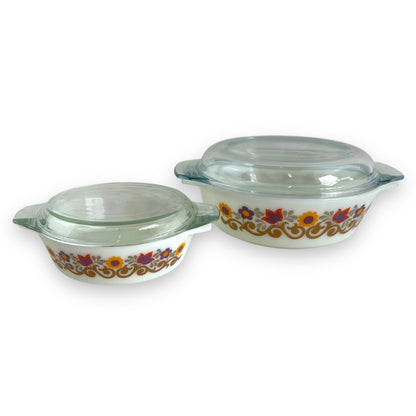 JAJ Pyrex England Briarwood Colourful Flower Dish Set small & large with lids (one lid not original it’s Pyrex)