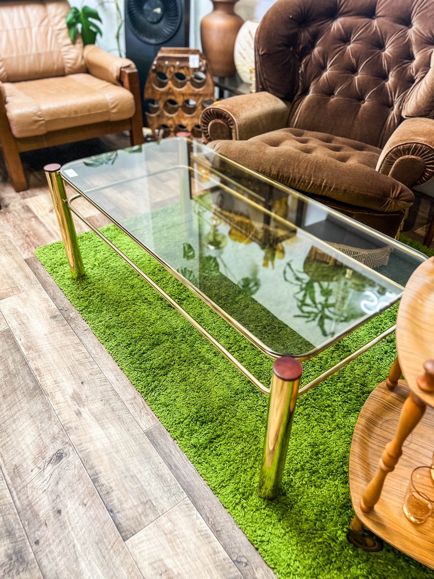 Brass tubular coffee table rectangle with Smokey glass top