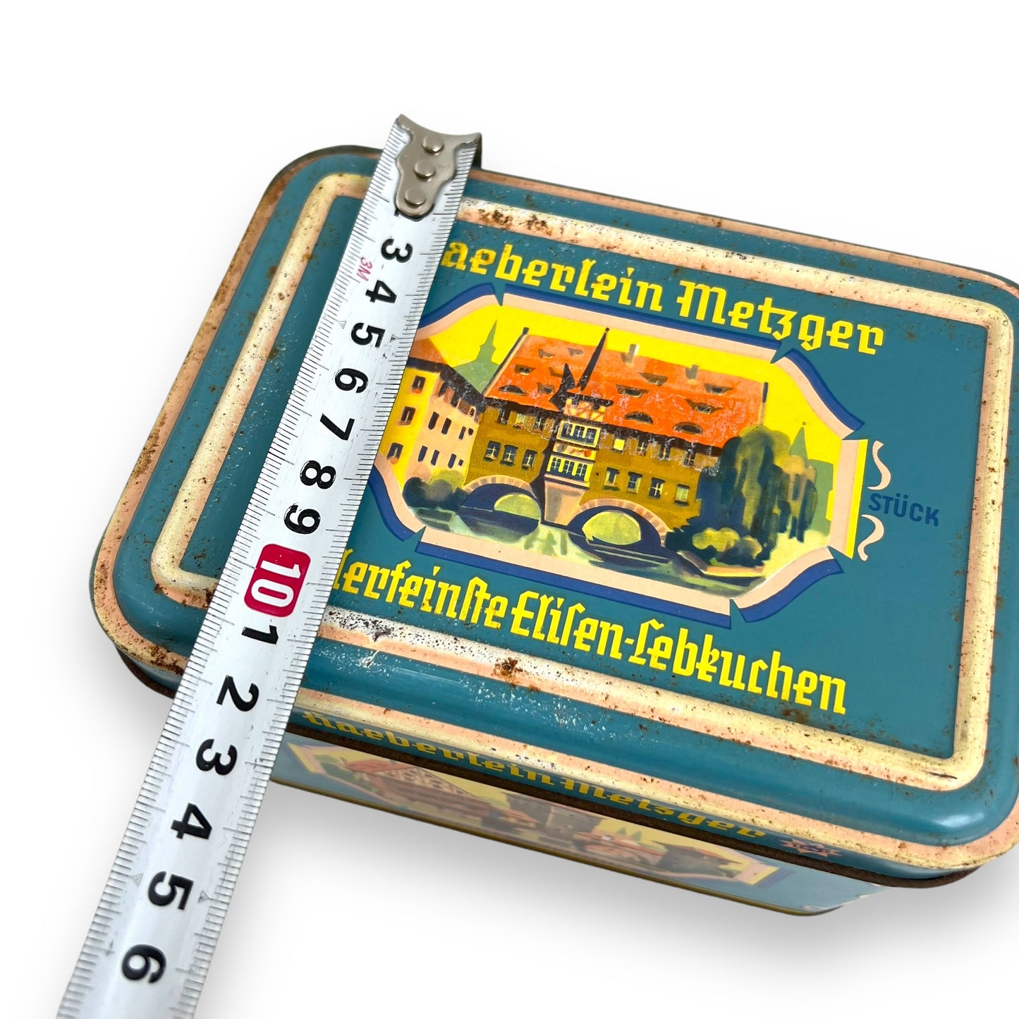 Vintage tin can Haeberlein Butcher Nuremberg gingerbread turquoise