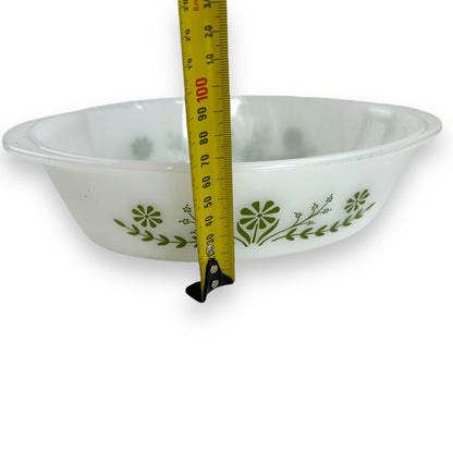 Glasbake oval white glass dish with clear lid and geeen decal