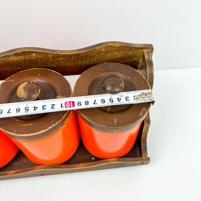 Orange Kitchen Storage Canister Jars with wooden lids and wooden hanging shelf
