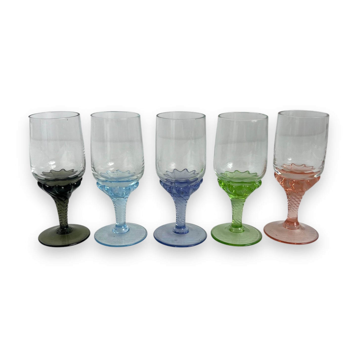 Set of 5 Vintage Dessert Wine Glasses | Coloured Glass Stemware