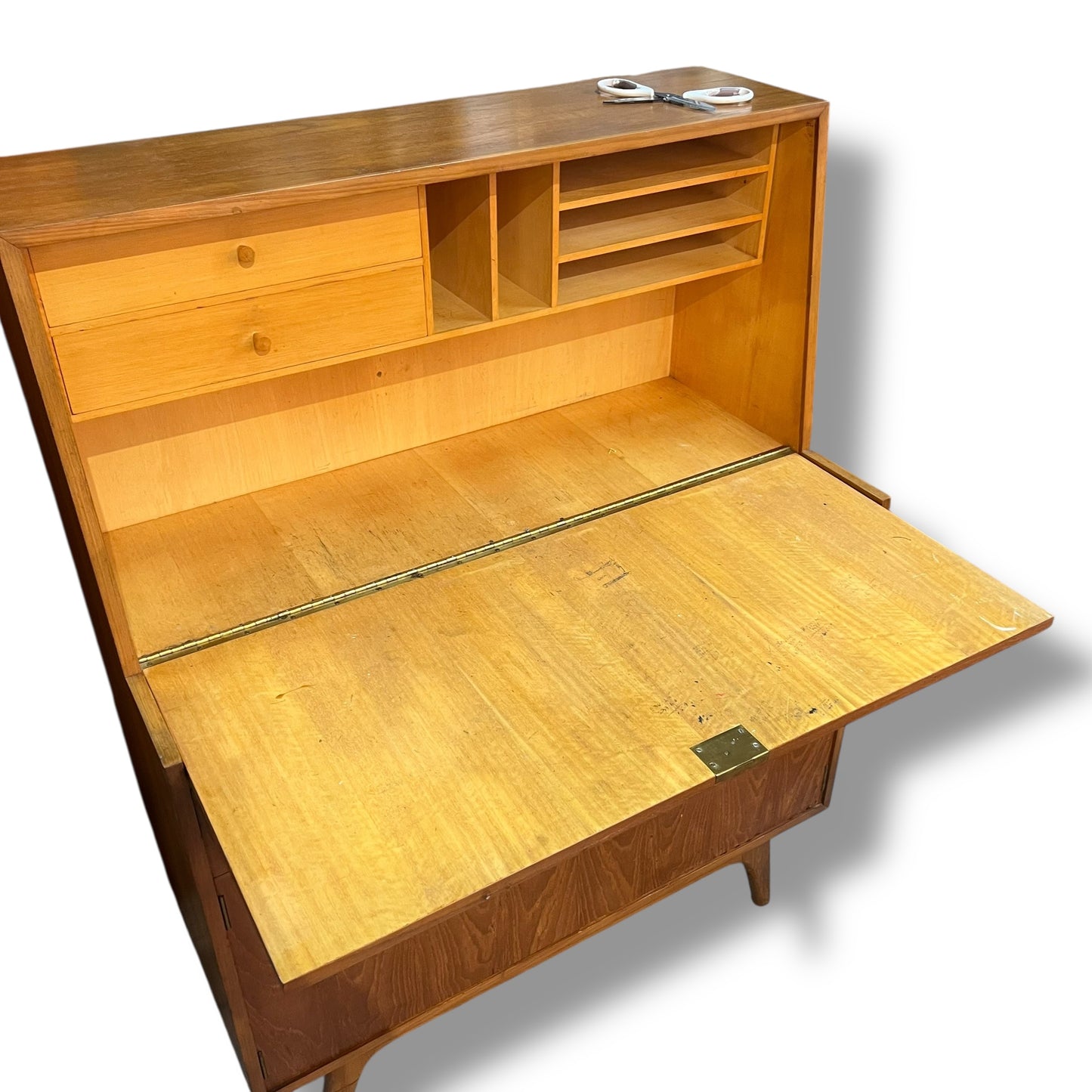Mid-Century Teak Veneer Bureau Writing Desk & Bar Cabinet by Noblett Furniture