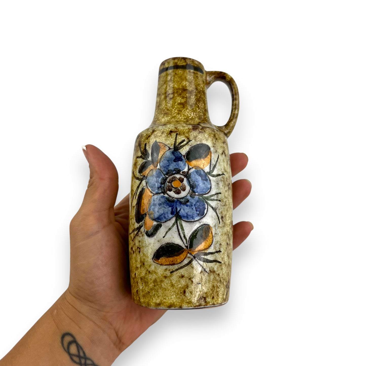 Ceramic vase with blue flower and handle by VEB Haldensleben
