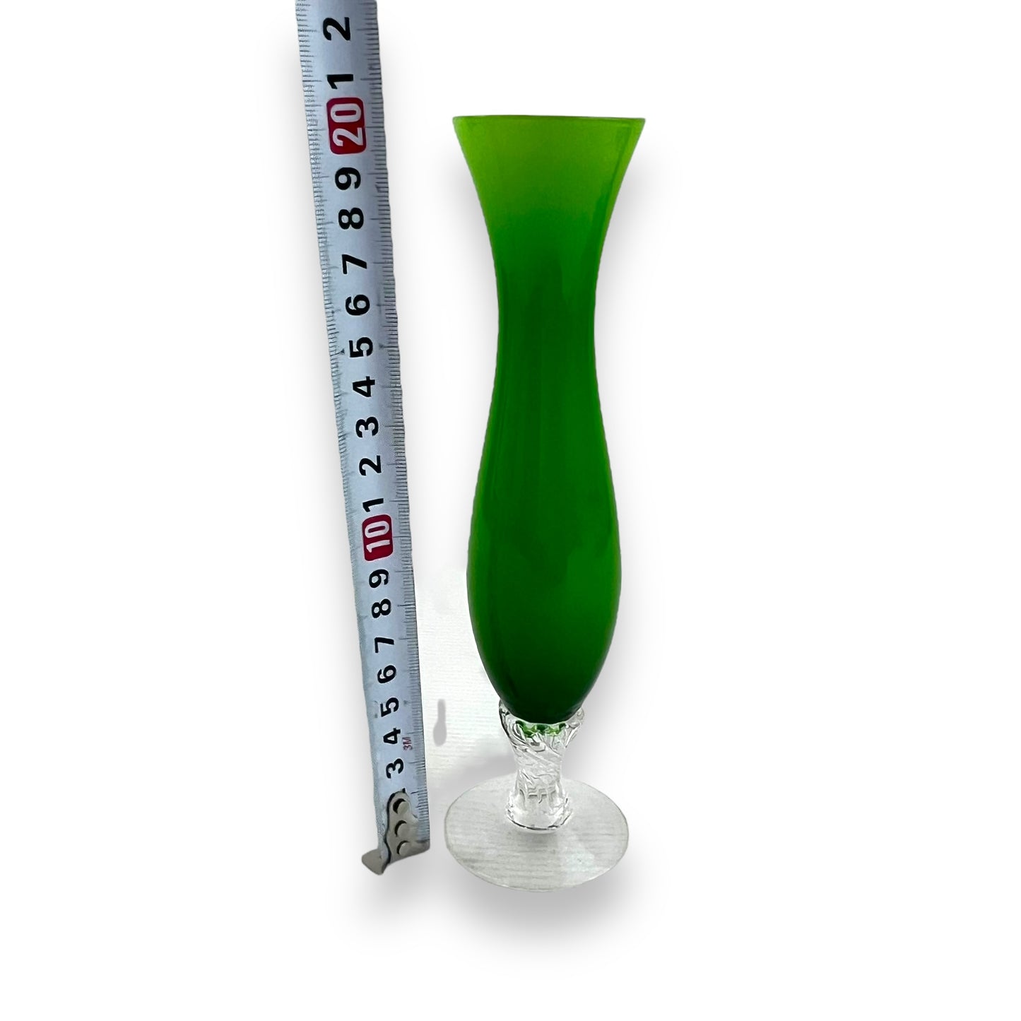 Green glass vase clear twist stem base