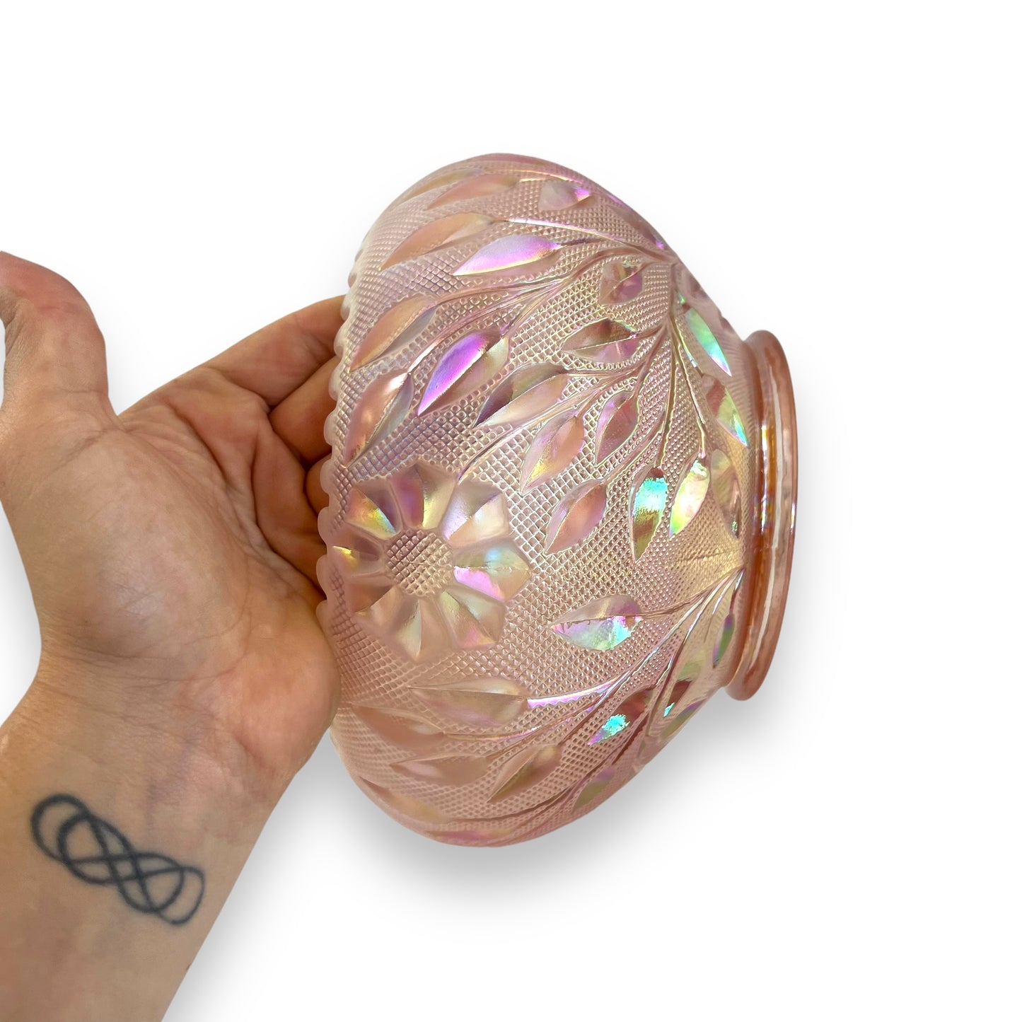Fenton Pink Iridescent Glass Bowl - Ombré Floral & Leaf Design with Button Edge