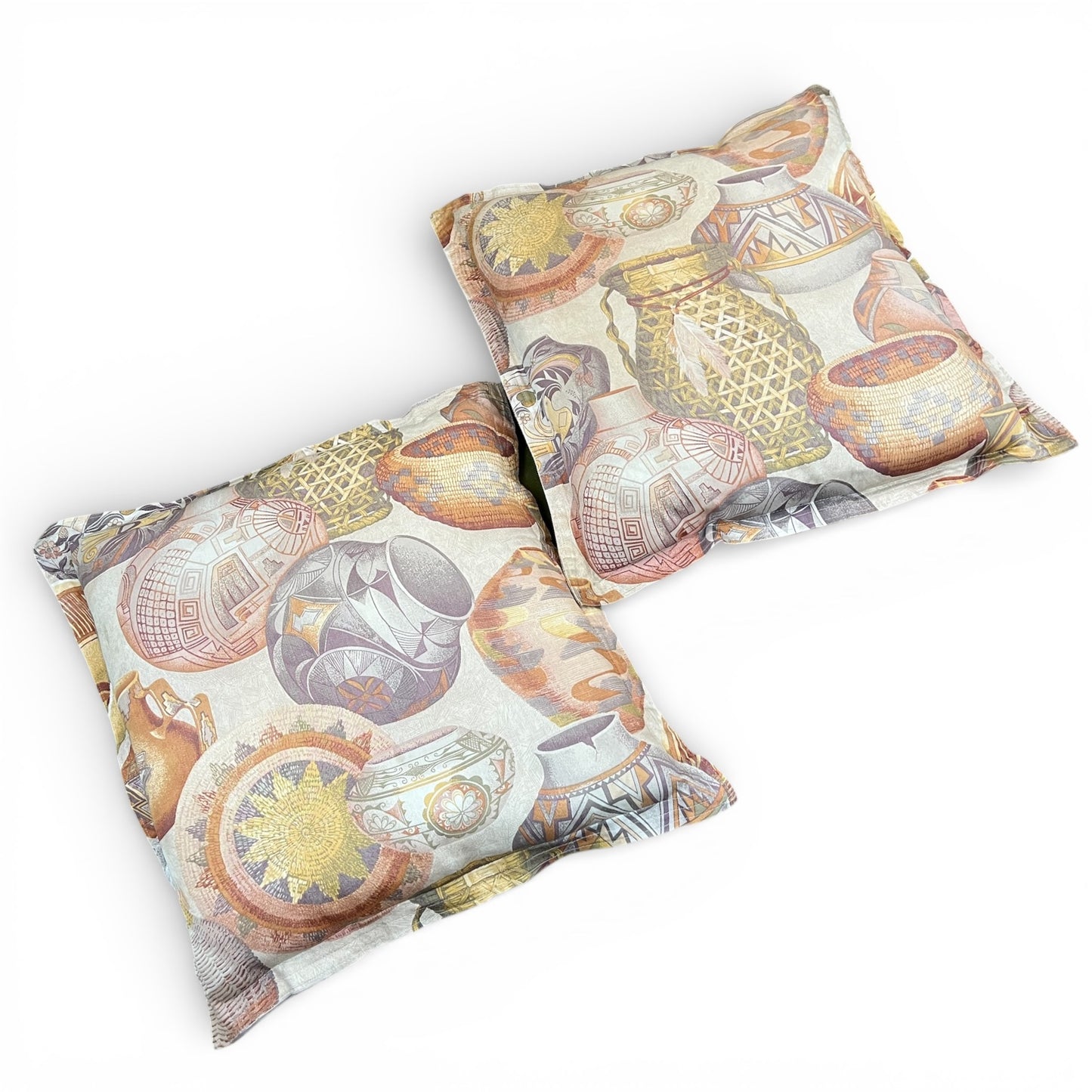 Pair of throw cushions vintage vase patterned fabric