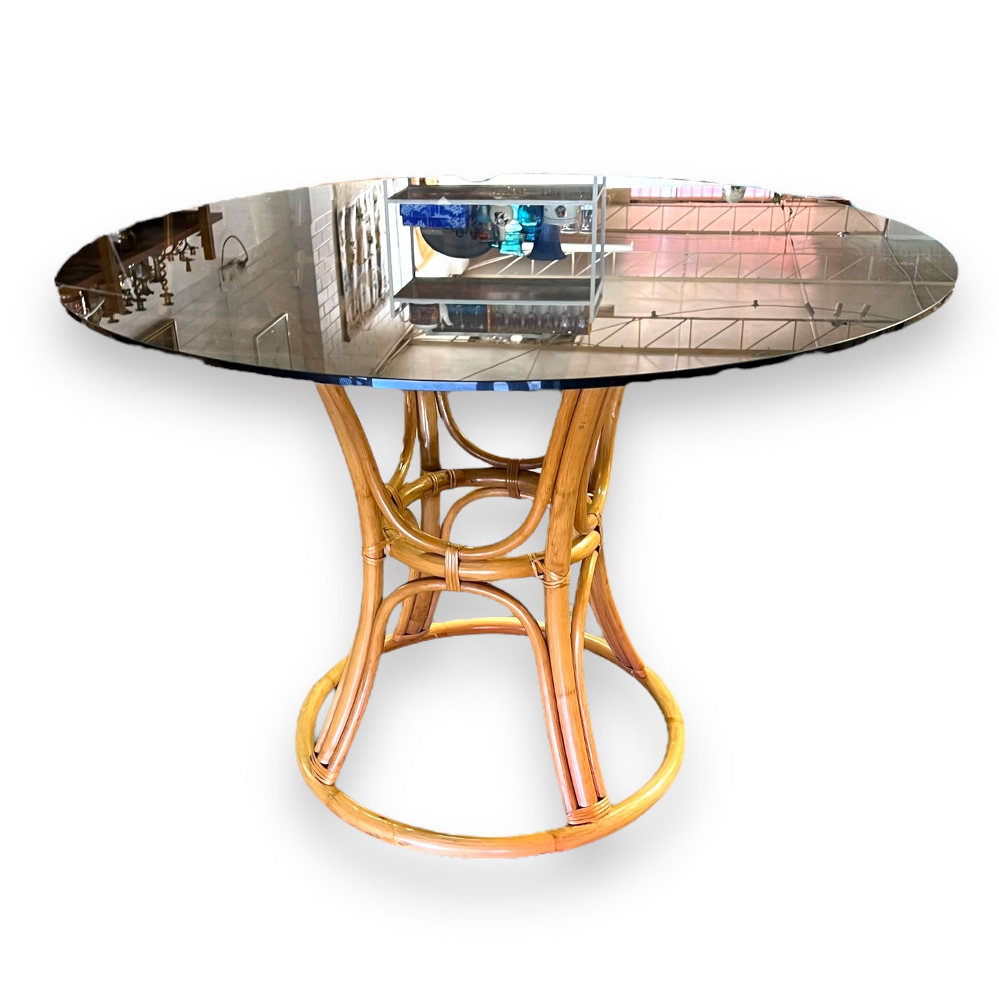Cane Dining Table with Black Glass Round Top