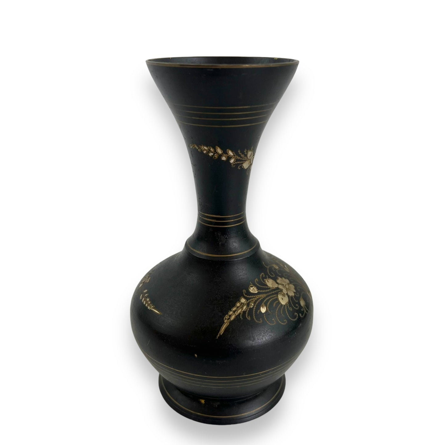 Black metal vase with gold etched flower design