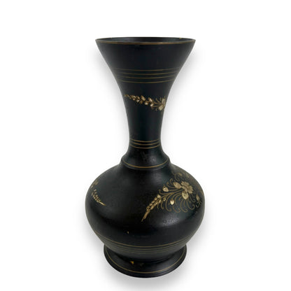 Black metal vase with gold etched flower design