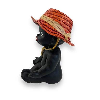 Black Ceramic Kewpie Doll with Straw Hat & Earrings - Made in Japan