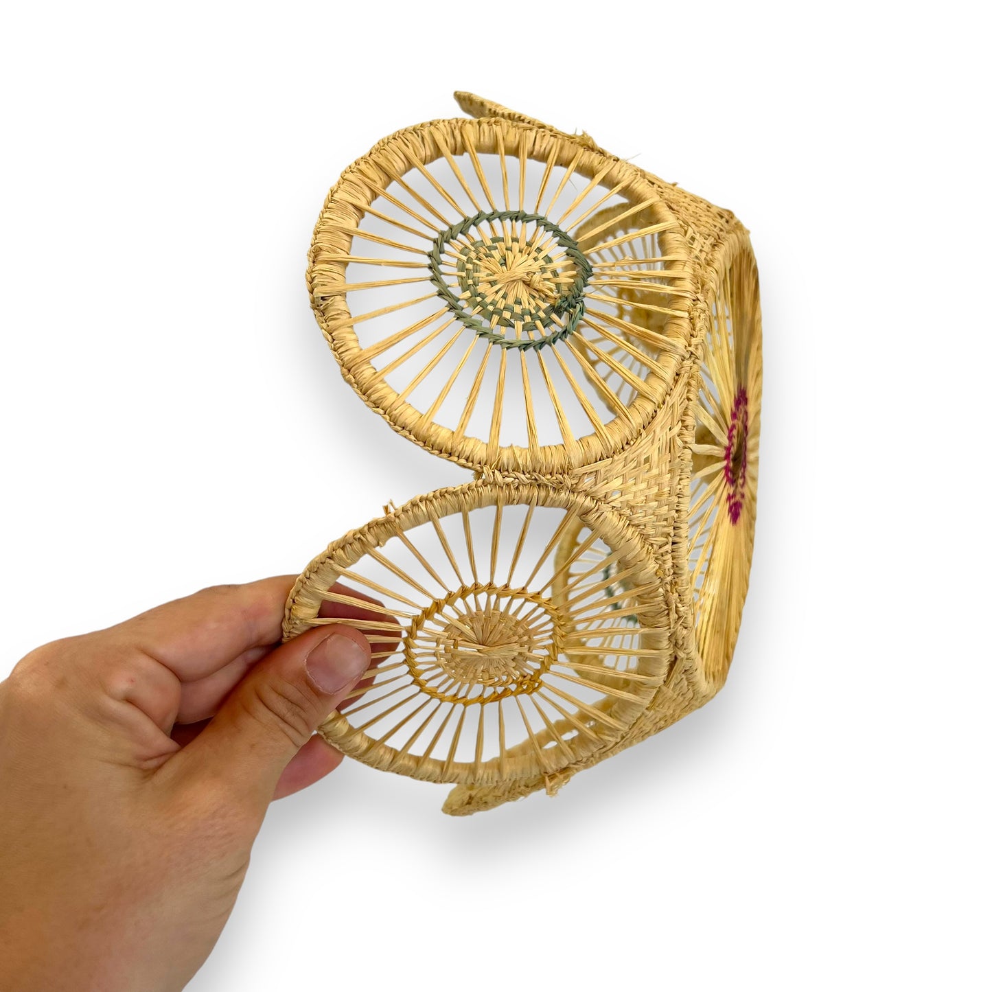 Circle pattern woven basket bowl with colourful circles
