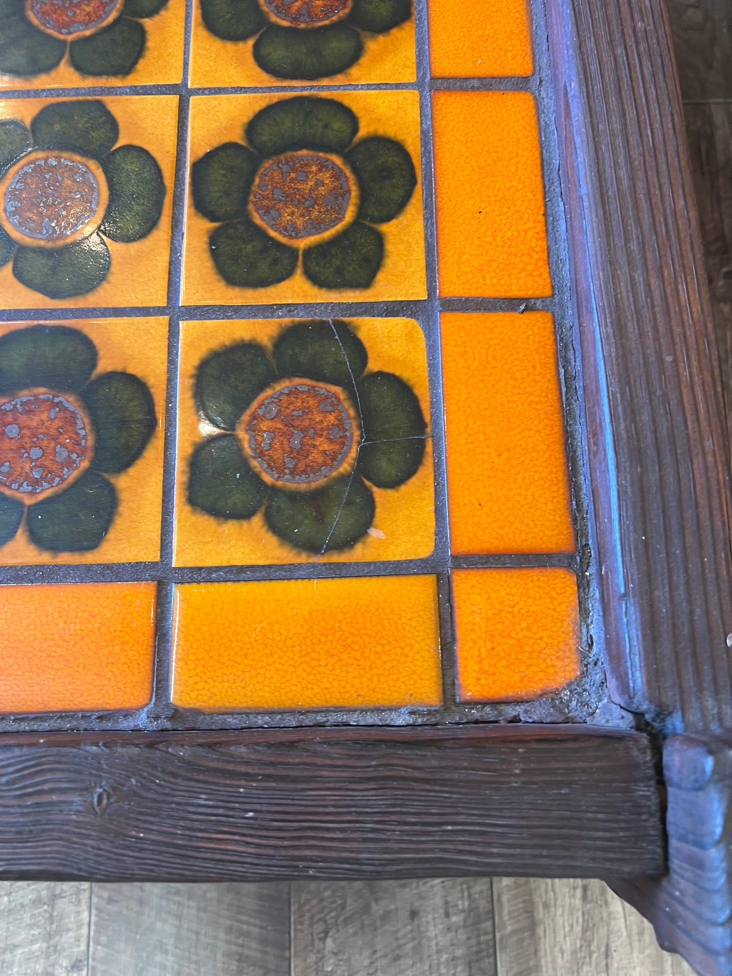 Retro Tile-Top Coffee Table – Orange & Brown Floral Ceramic Tiles
