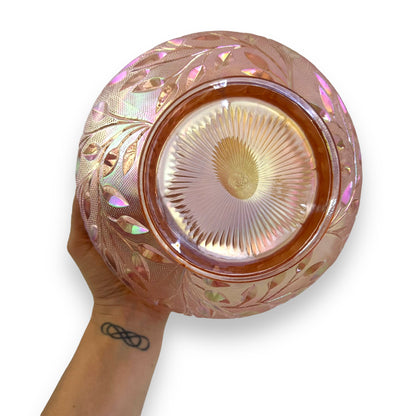 Fenton Pink Iridescent Glass Bowl - Ombré Floral & Leaf Design with Button Edge