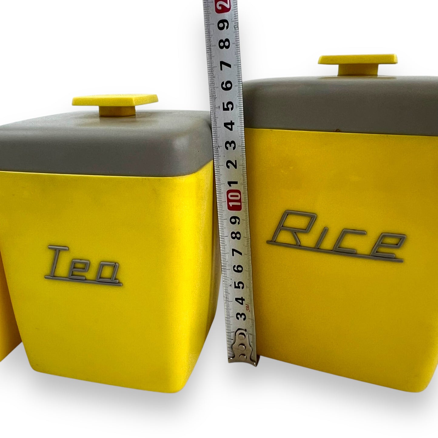Yellow & Grey 1950s Plastic Nallyware Canister Set of 5 - Coffee, Tea, Rice, Sugar, Flour - Retro Kitchen Storage