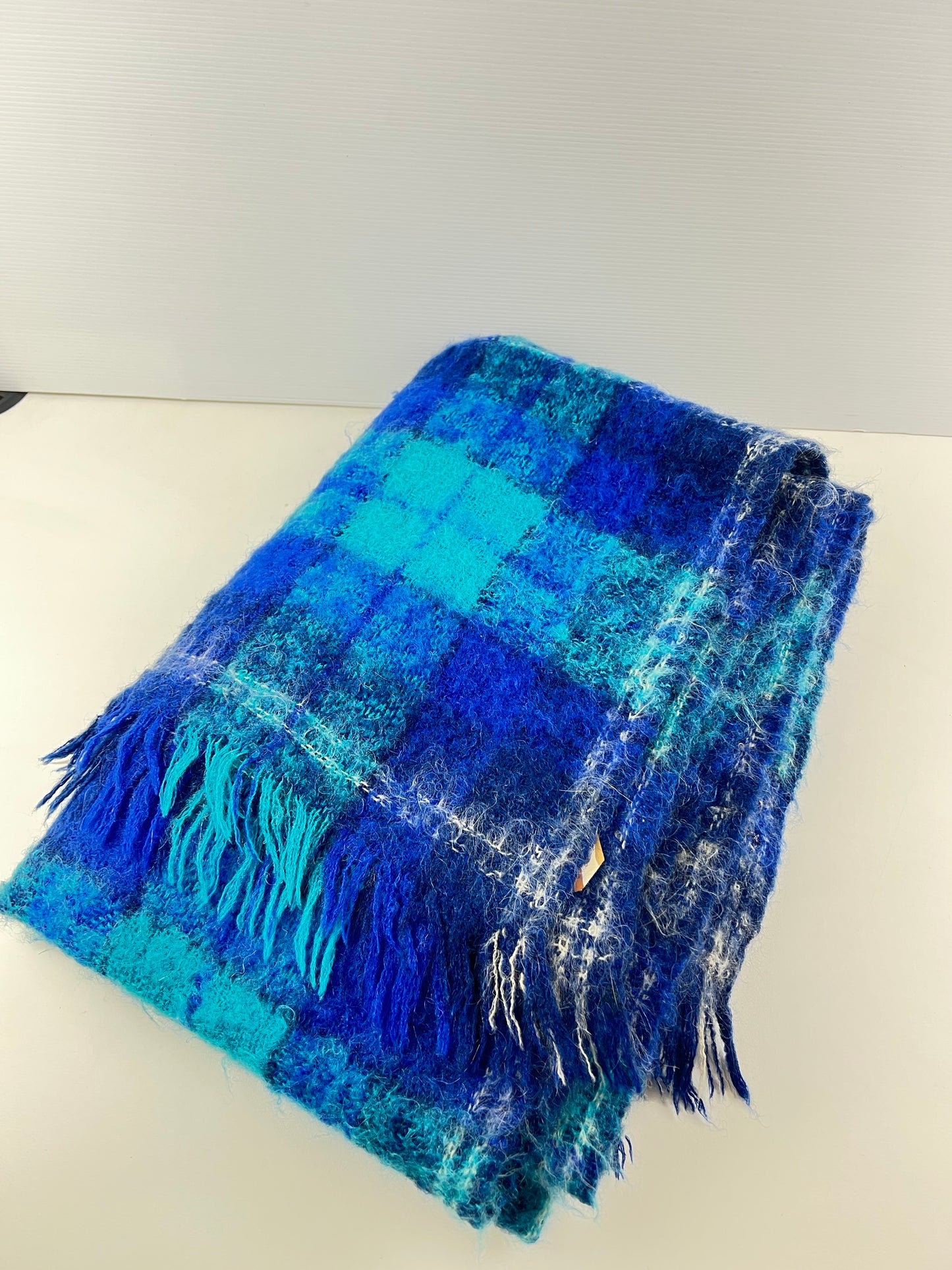Blue Plaid Wool & Mohair Blanket