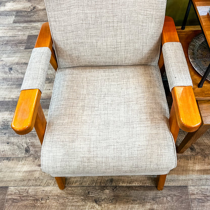 Mid-Century Armchair – Timber Frame with light grey and white woven Upholstery