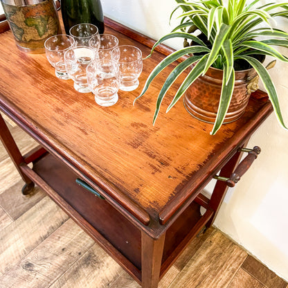 Vintage two tier wooden tea / bar cart trolley with drawers