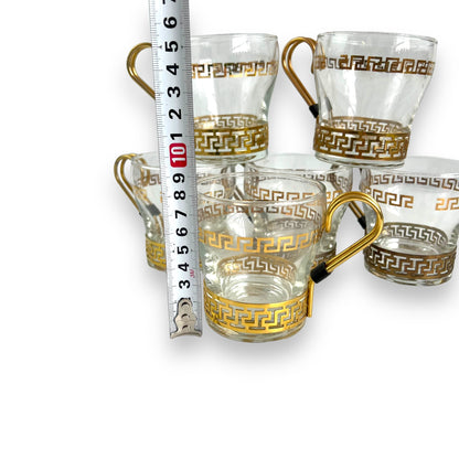 Libbey Greek Key Gold Coffee Mugs With Brass Handles set of 6
