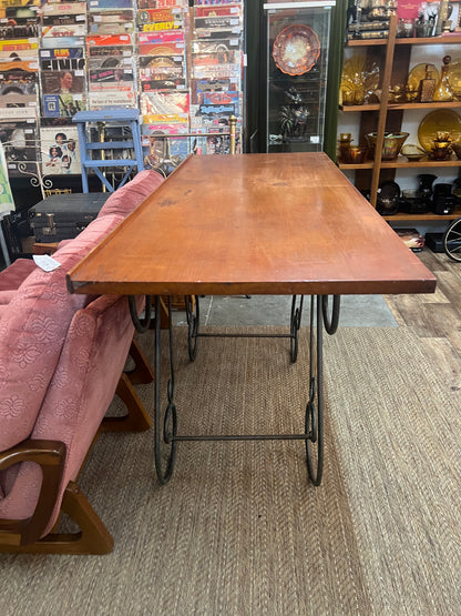 Vintage Timber Bar Table / Kitchen Island / Console Table with Wrought Iron Curly Base
