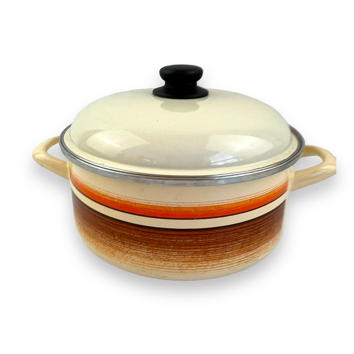 Orange and brown stripe cream coloured enamel cooking pot large