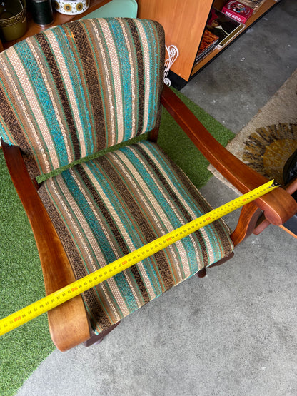 Occasional Armchair with Sculptural Timber Frame & Retro Stripe Upholstery