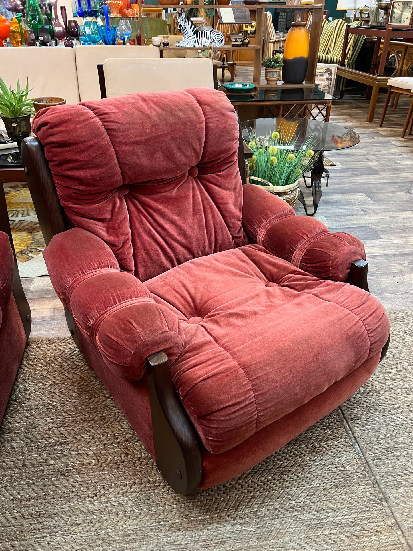 Pink Velvet Lounge Chair with Timber Frame