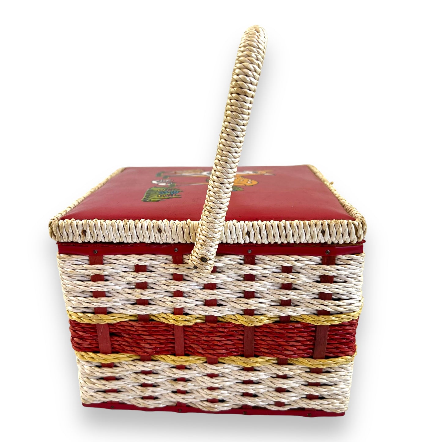 Vintage red and white sewing box with deer artwork