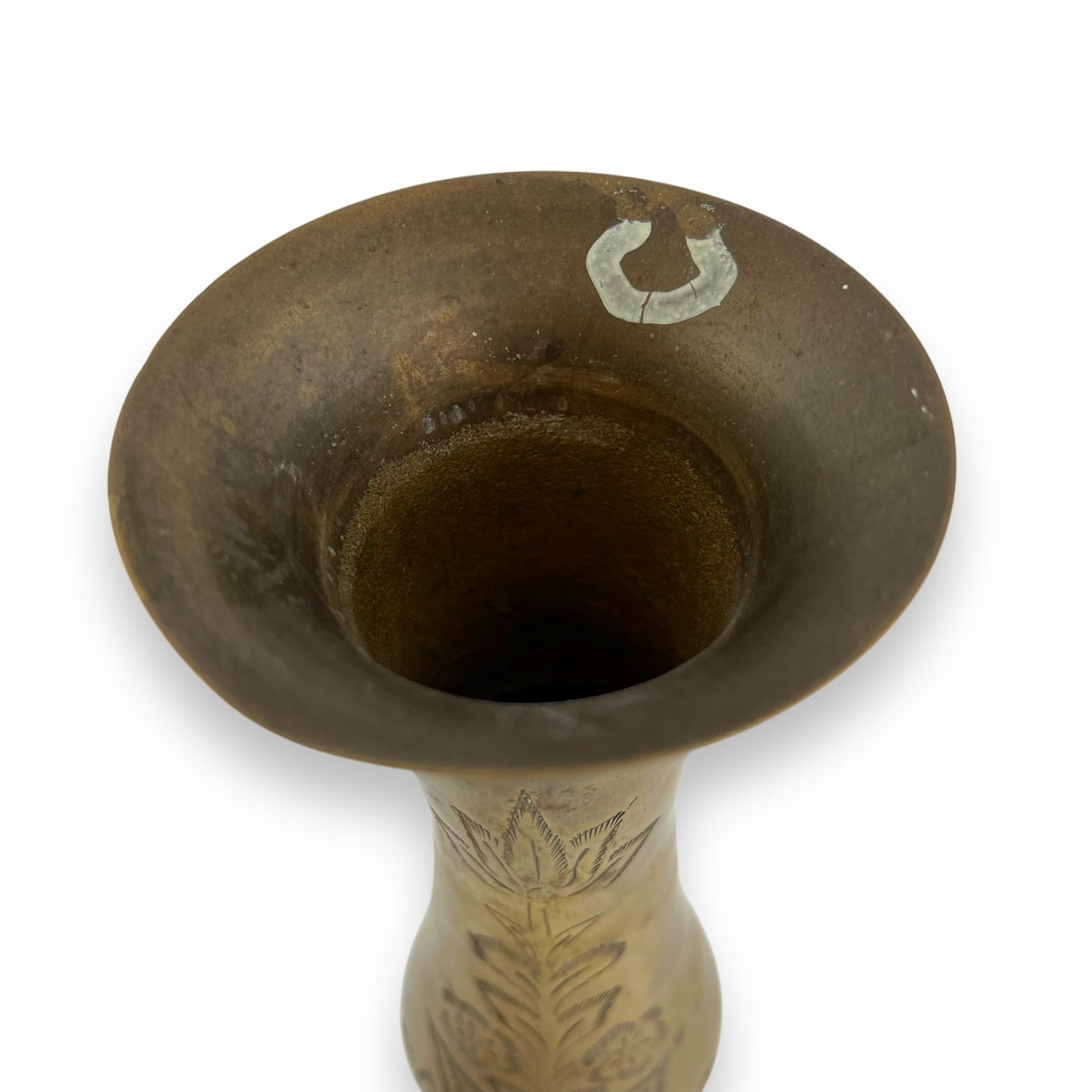 Tall brass vase with etched flower design