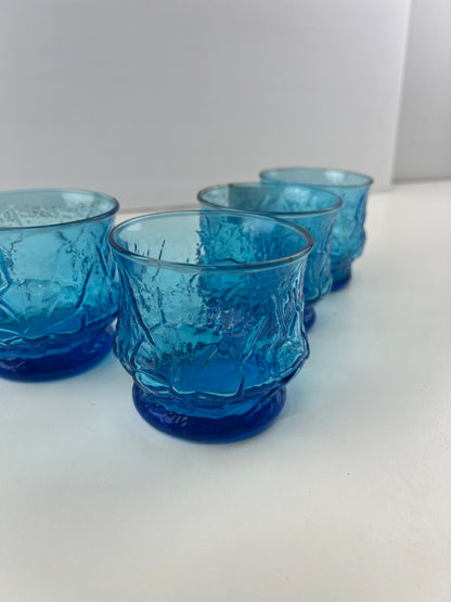 Anchor Hocking Rainflower Laser Blue Glasses- Set of 5 Vintage 1970s