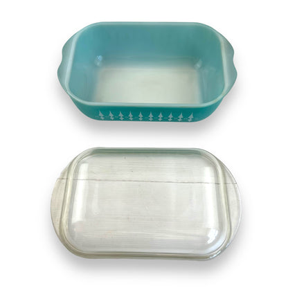 Pyrex Australia Turquoise Casserole Dish with Picket Fence Spear Pattern & Clear Glass Lid COB-600