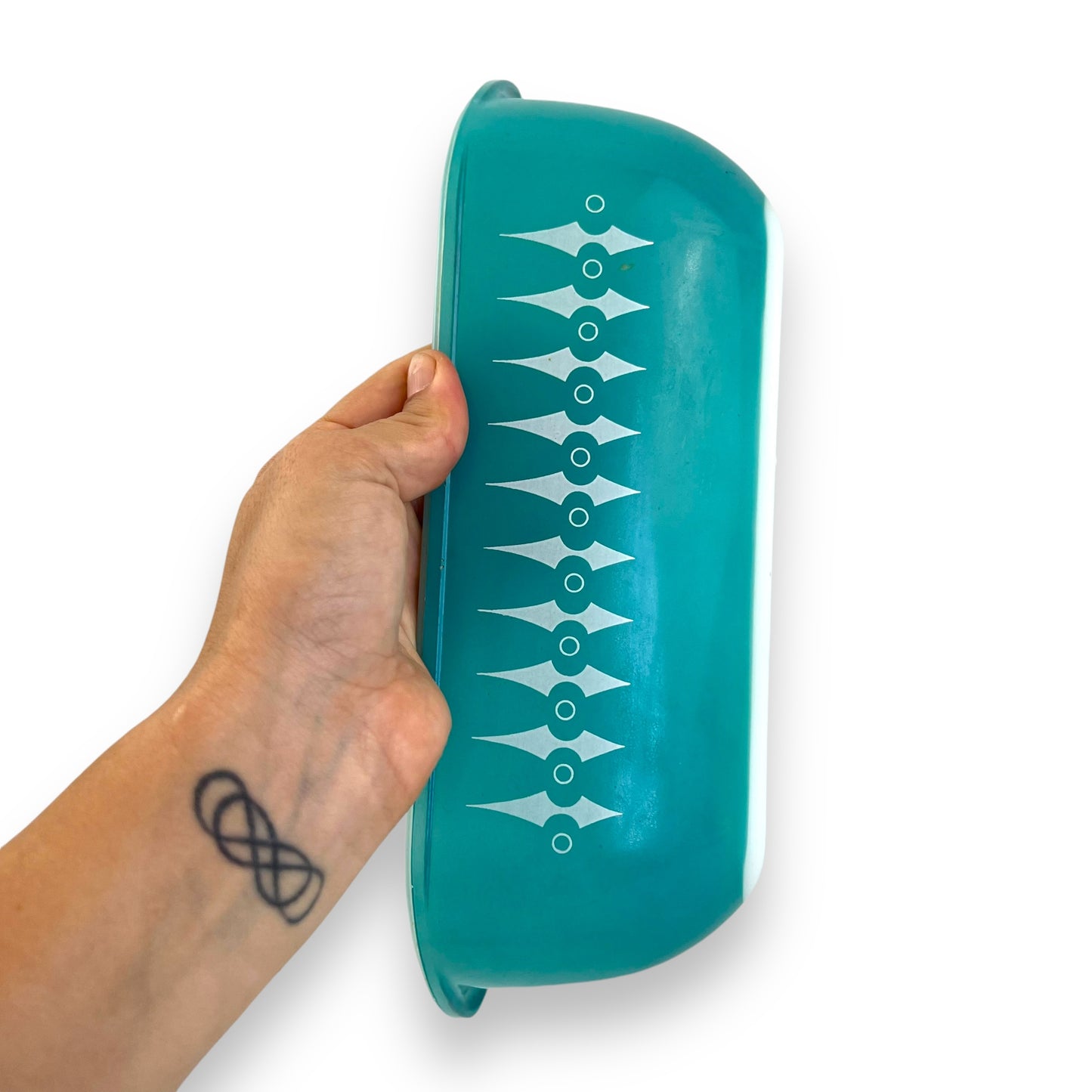 Pyrex Australia Turquoise Casserole Dish with Picket Fence Spear Pattern & Clear Glass Lid COB-600