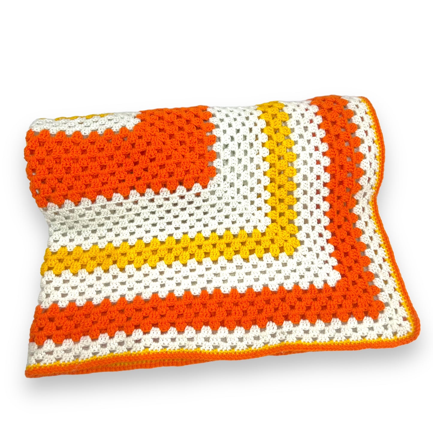 Orange, yellow and white crochet knit blanket