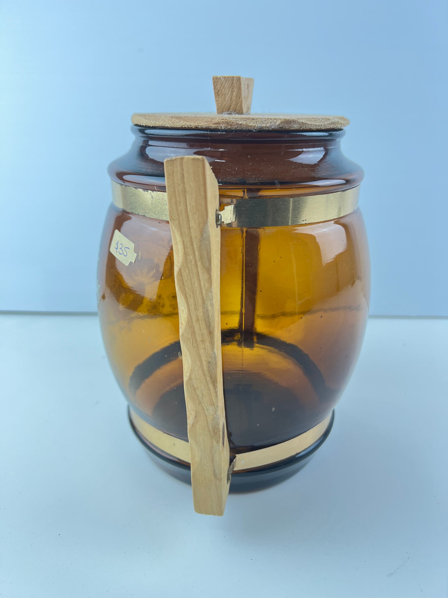 Amber Glass Biscuit Barrel with Timber Handles