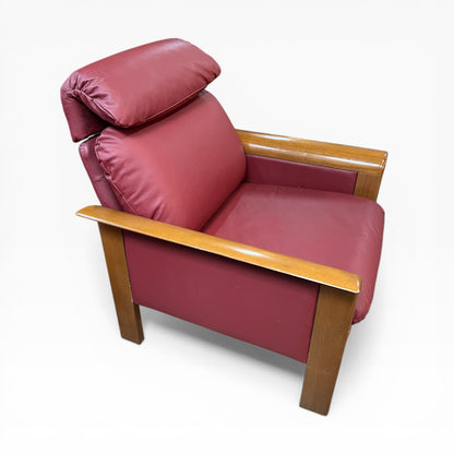 Timber Armchair with Sculpted Curved Armrests & Burgundy Leather Cushions